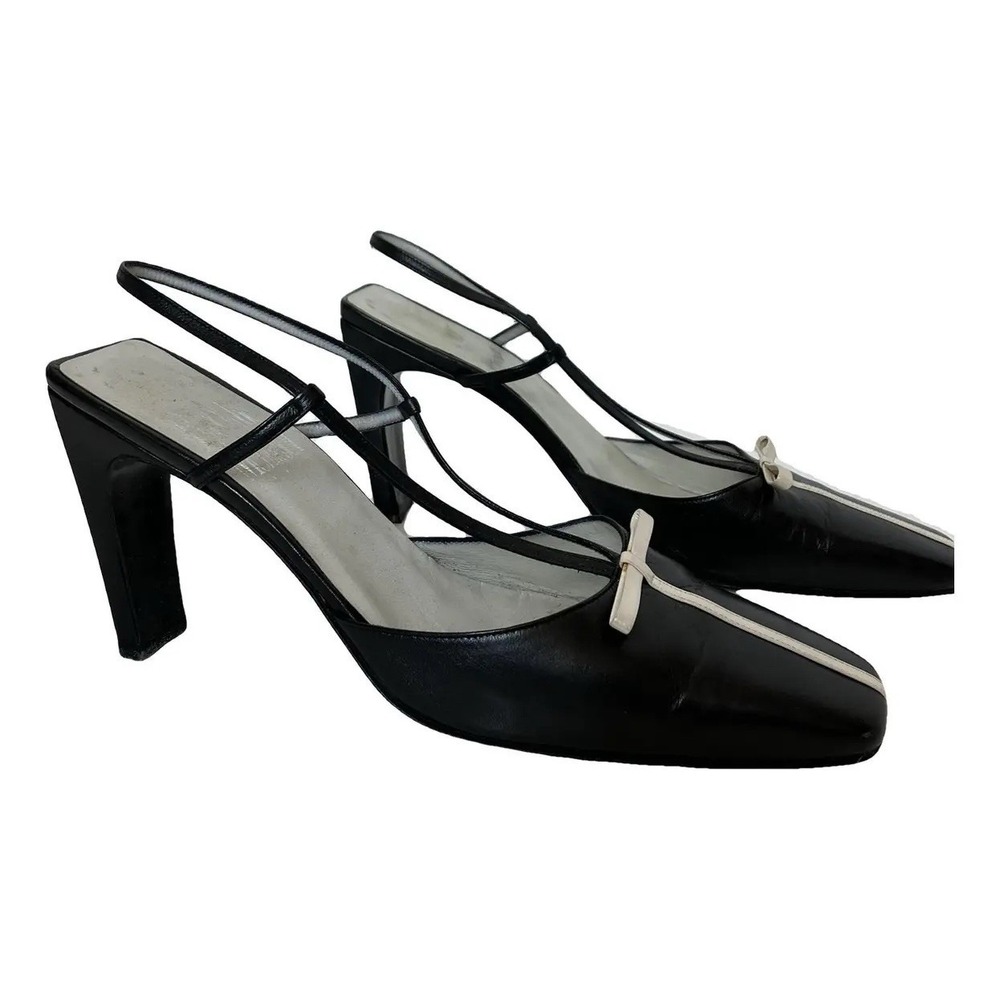 Vintage Rodolphe Menudier Mules Black Leather Bow White Detail Heels 38.5 Eu 8.5